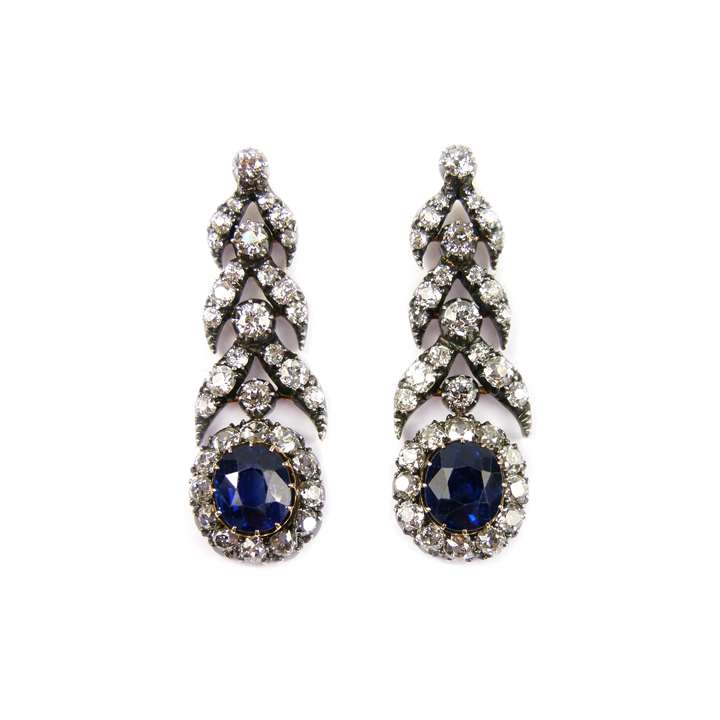 Pair of sapphire and diamond pendant earrings